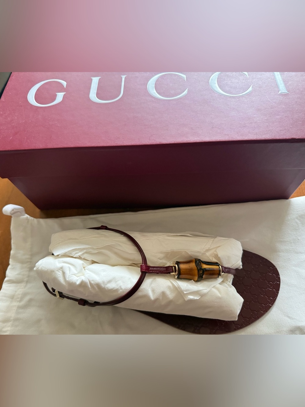 Gucci Bamboo Leather Thong Sandals Rosso Ancora Burgundy EU 39 New With Box